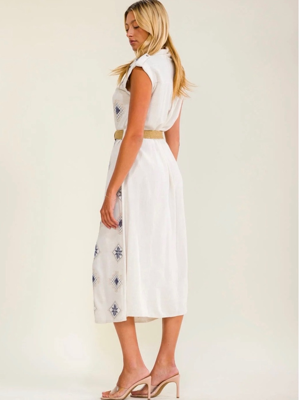 Sleeveless White Maxi Shirt Dress with Blue Embroidery - Picture 4 of 4